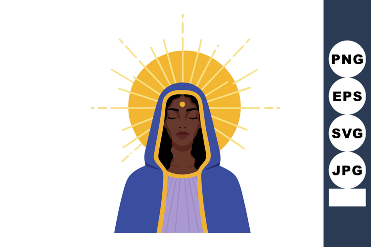 Woman with glowing halo in blue hooded cloak spiritual illus