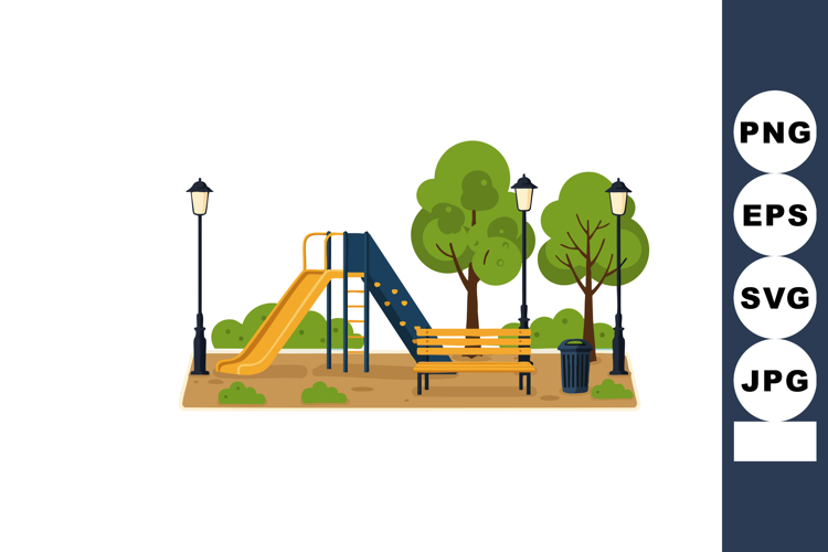 Playground slide with bench and trees in park scene featurin