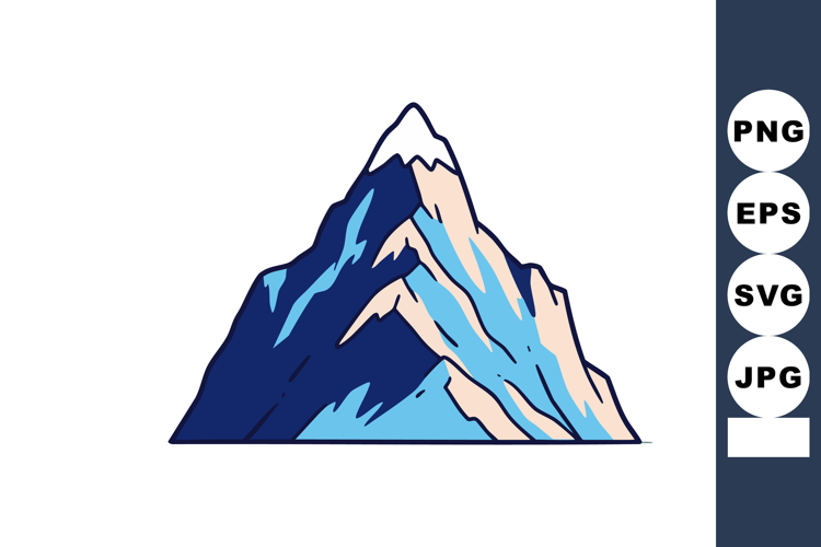 Mountain peak with snow capped summit in blue and beige colo