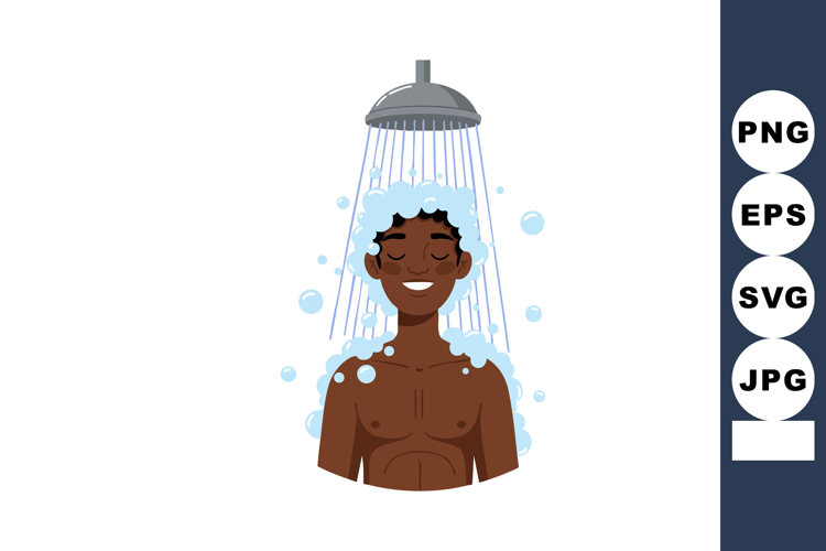 Young man enjoying relaxing shower with soap bubbles and wat