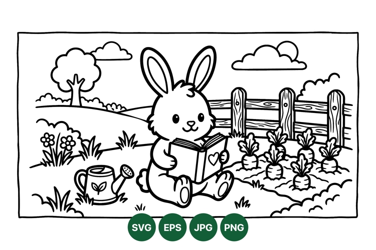 Cute Bunny Reading Garden Svg Illustration Design