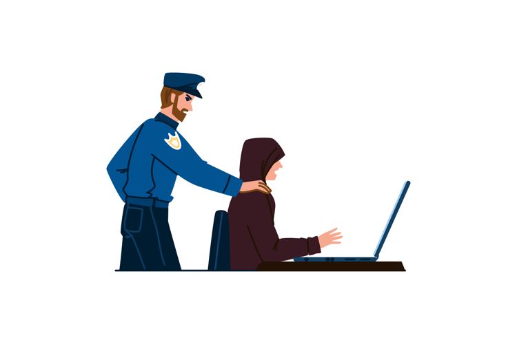 Policeman catching hacker performing cybercrime activity