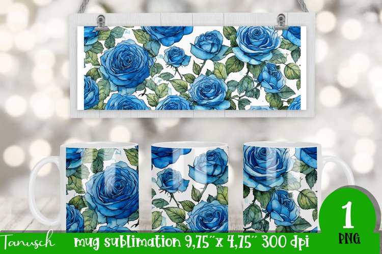 watercolor blue roses sublimation mug Wrap sublimation PNG