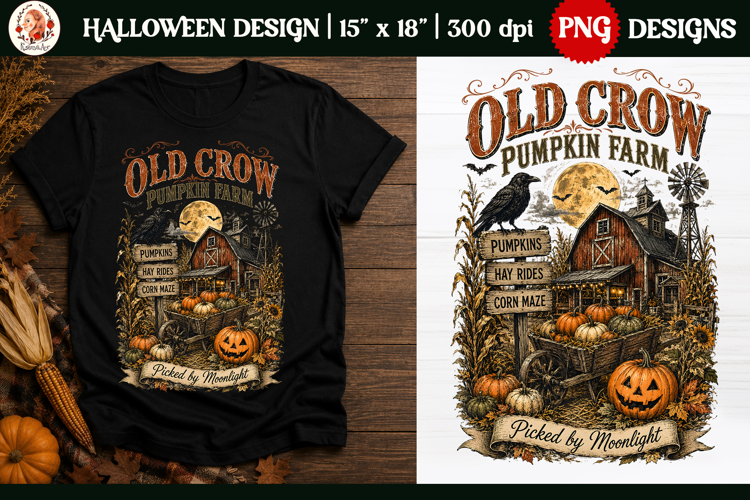 Old Crow Pumpkin Farm Halloween PNG, Vintage Fall Farm