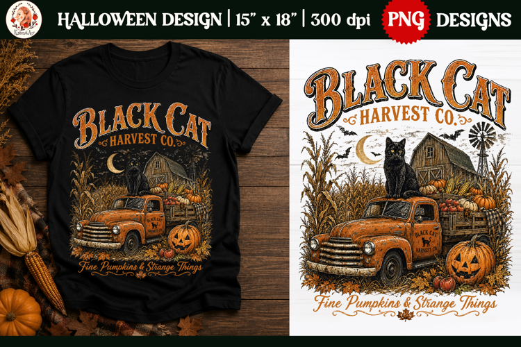 Black Cat Harvest Co Halloween PNG, Vintage Pumpkin Farm