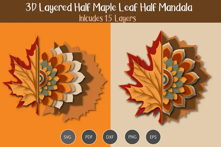 3d layered Half maple leaf Half mandala