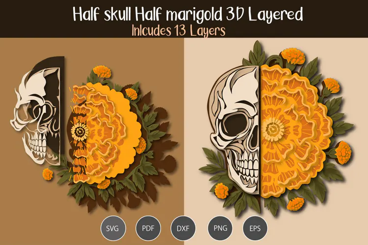 3D Layered Half Skull Half Marigold