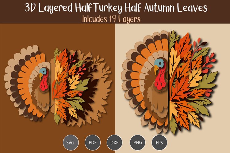 3d Layered half turkey half autumn leaves example image 1
