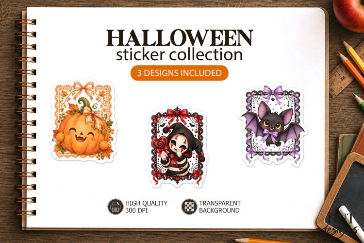 Cute Spooky Halloween Stickers Pumpkin Bat Pumpkin Witch example image 1