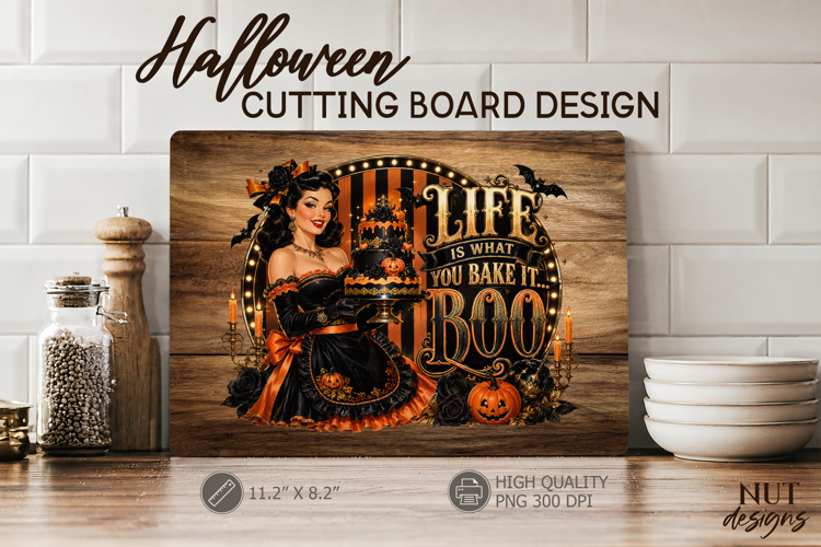 Halloween cutting board Kitchen Pin up girl baking quote