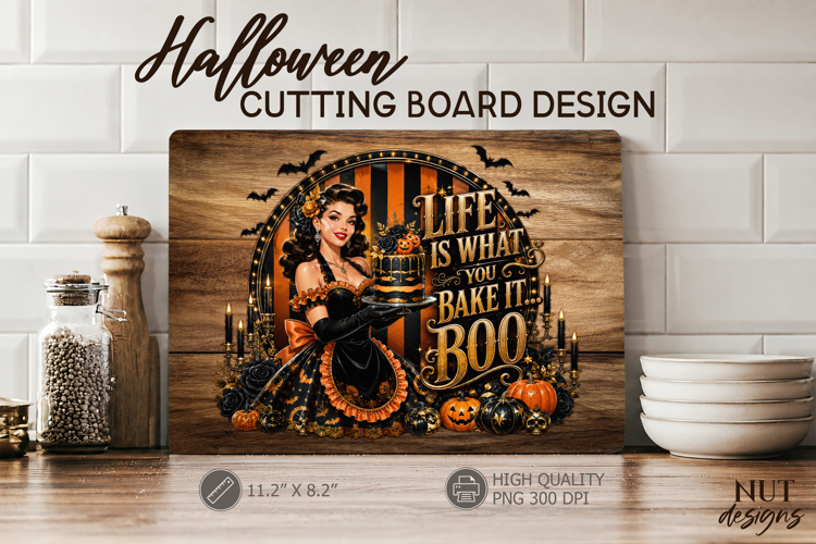 Halloween cutting board Kitchen Pin up girl baking quote