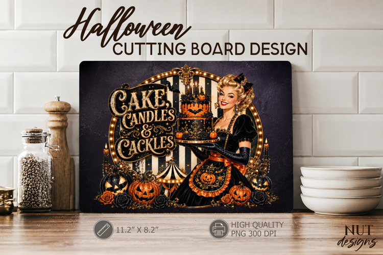 Halloween cutting board Baker Cake, Candles & Cackles