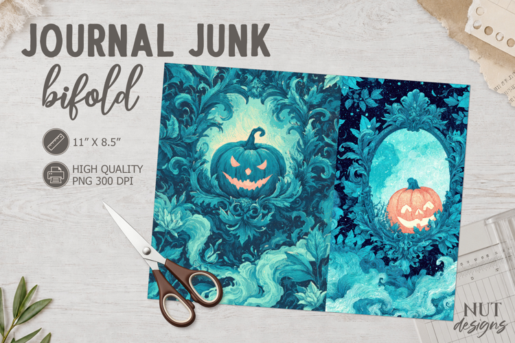 Teal Halloween Pumpkin Journal Junk gothic ephemera
