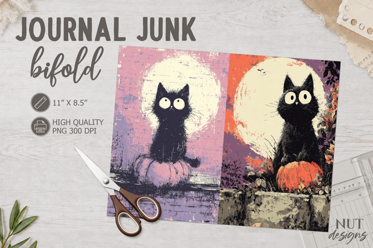 Vintage Black Cat Halloween Bifold Journal Junk
