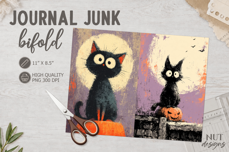 Vintage Black Cat Halloween Bifold Journal Junk