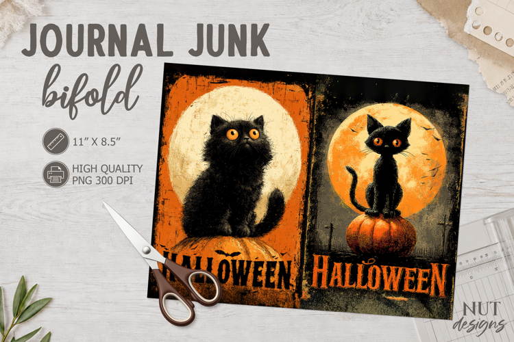 Vintage Black Cat Orange Halloween Bifold Journal Junk