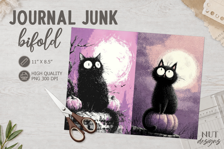 Vintage Black Cat Purple Halloween Bifold Journal Junk