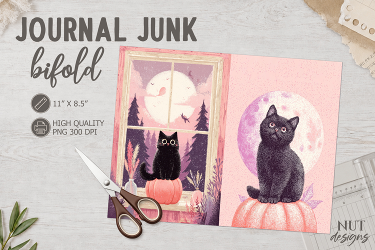 Vintage Black Cat Pink Halloween Bifold Journal Junk