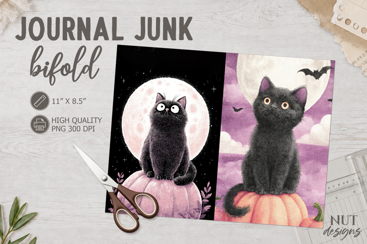 Vintage Black Cat Moon Halloween Bifold Journal Junk