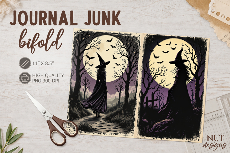 Vintage Moonlit Witch Journal Bifold Halloween Junk Journal