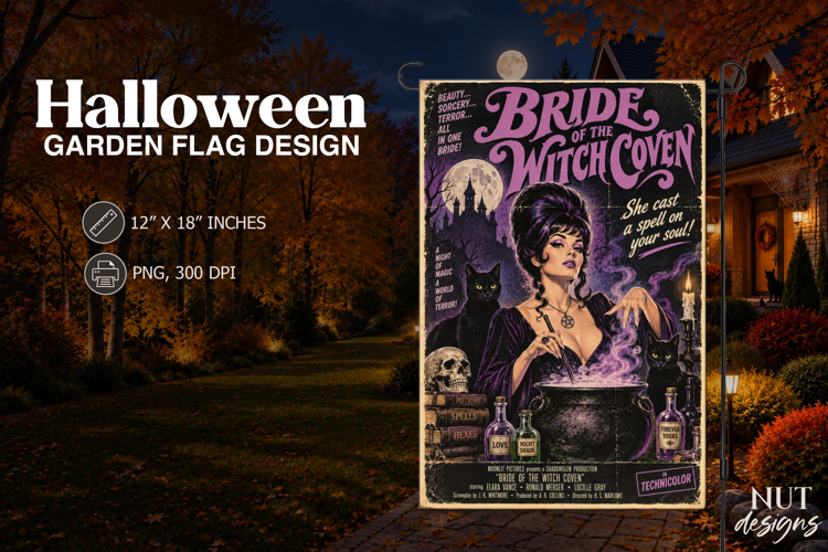 Vintage Halloween Witch Garden Flag Scary Movie Poster