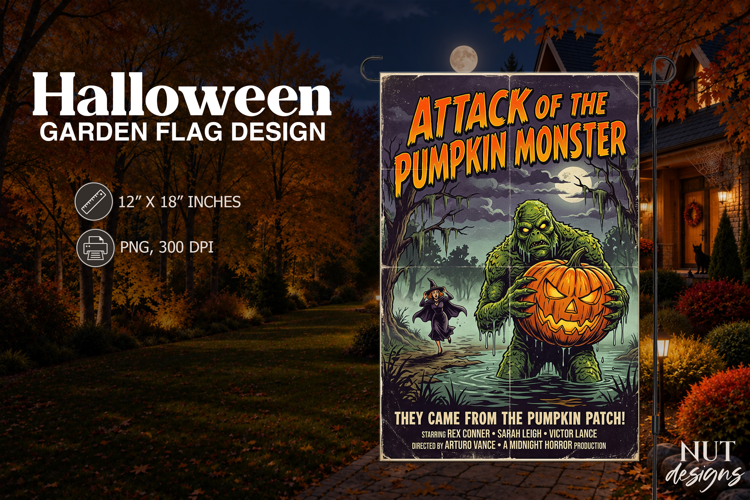 Retro Pumpkin Monster Garden Flag Horror Movie Poster