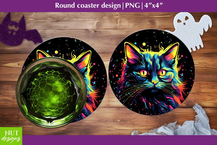 Halloween coaster with Black Cat, Halloween round coaster