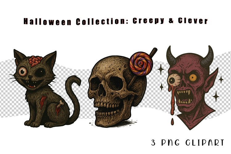 Halloween Creepy Clipart | Vintage Cat, Skull, Demon