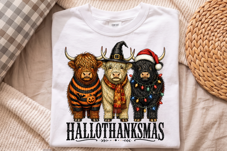 Hallothanksmas Highland Cow PNG - Christmas Shirt Art