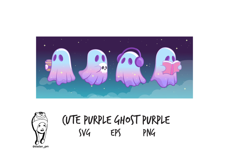 Cute Purple Ghost Daily Activities Cartoon Set