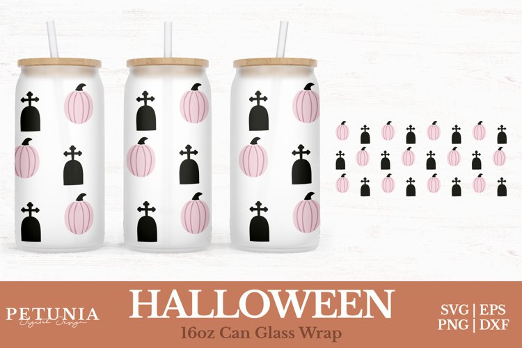Halloween SVG cut file being used as a 16oz Glass Can Wrap print