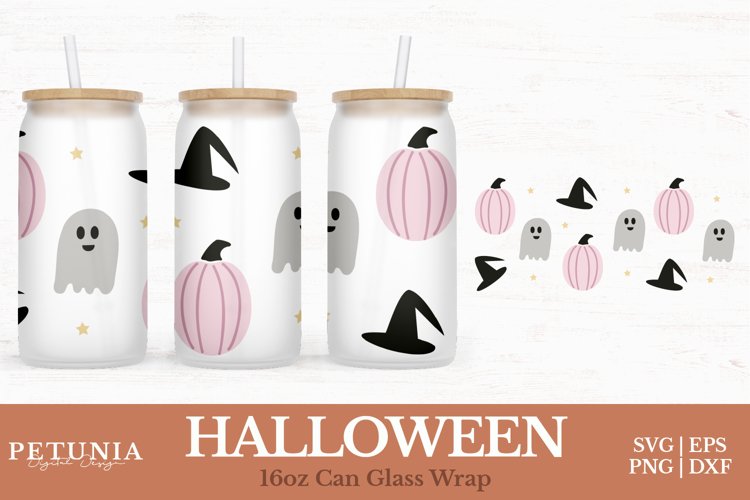 Halloween SVG cut file being used as a 16oz Glass Can Wrap print