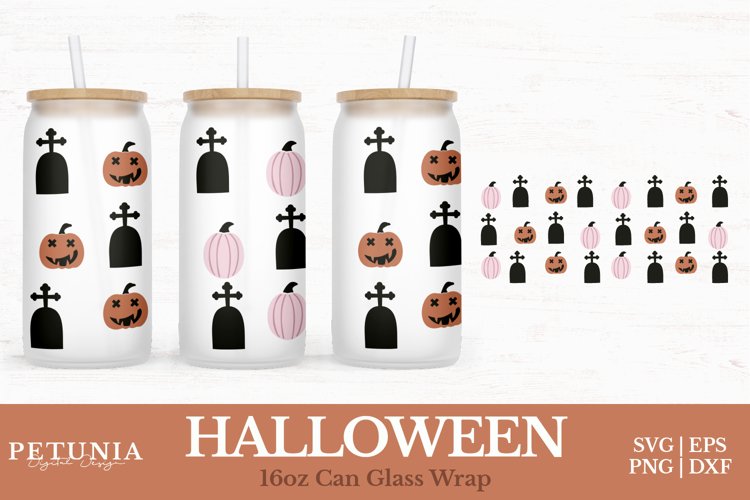 Halloween SVG cut file being used as a 16oz Glass Can Wrap print