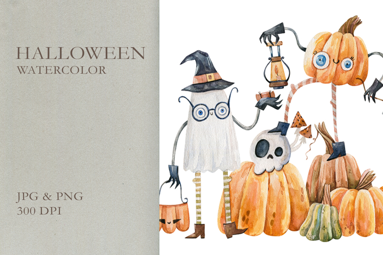 Cute Watercolor Halloween Ghost and Pumpkin