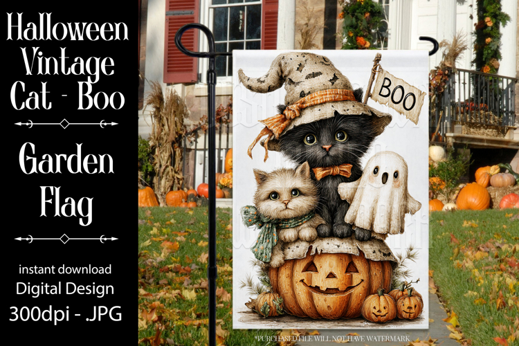 Halloween Garden Flag, Sublimation Vintage Cat Boo Flag d2