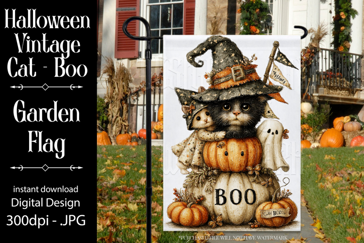 Halloween Garden Flag, Sublimation Vintage Cat Boo Flag d3