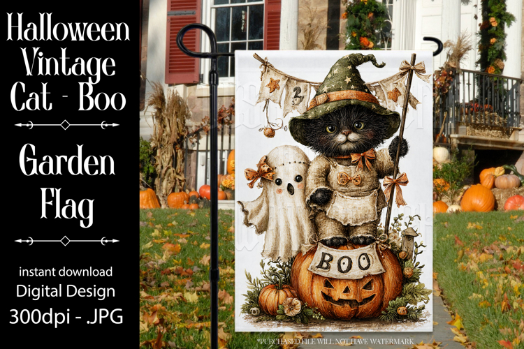 Halloween Garden Flag, Sublimation Vintage Cat Boo Flag d4
