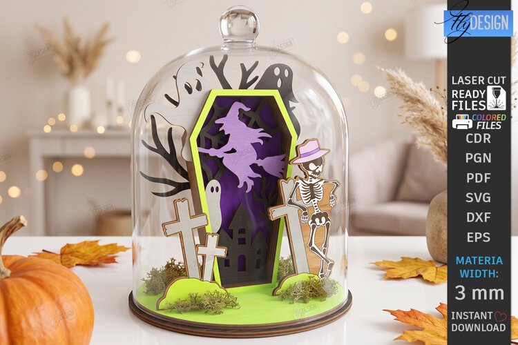 Halloween 3D Miniature Cloche Scenes Laser Cut | Witch Laser example image 1