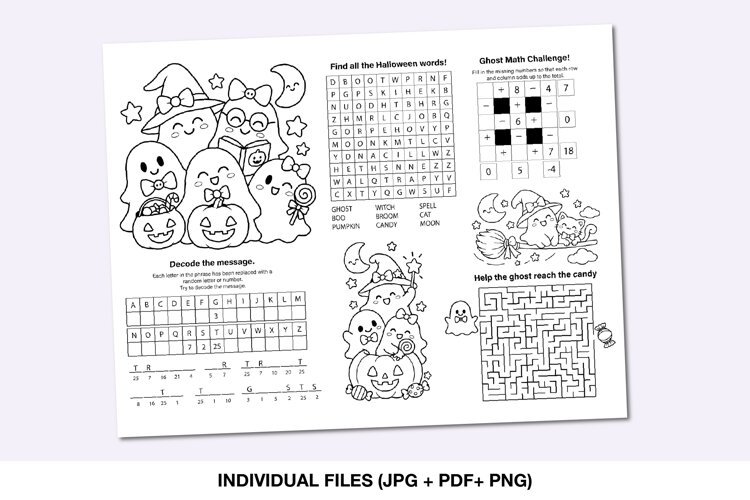 Printable Halloween activity placemat for kids with puzzles games and coloring