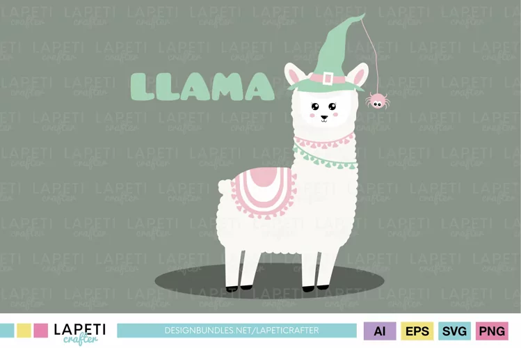 Illustration of a llama dressed for Halloween in pastel