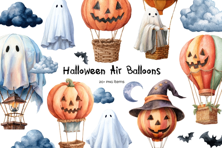 Watercolor Halloween hot air balloon Pumpkin clipart