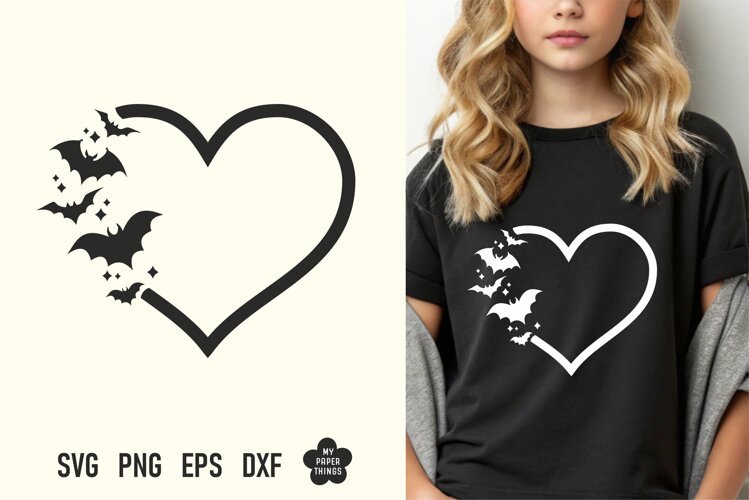Bat heart SVG cut file design featuring a heart outline decorated with a swarm of bats and sparkles on a black t-shirt mockup