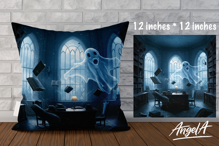 Pillow cover sublimation, horror ghost in gothic library