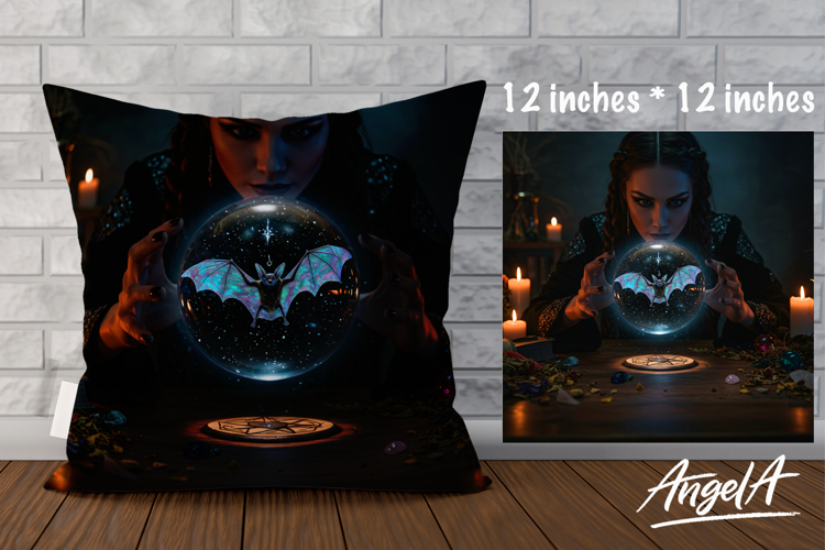 Dark Pillow cover sublimation, witch, magical ball with bat