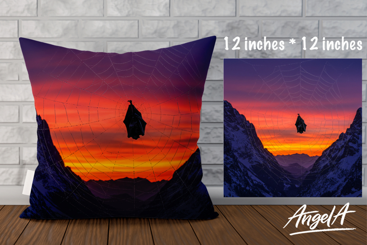 Fantasy Pillow case sublimation, bat in spider web, mountain