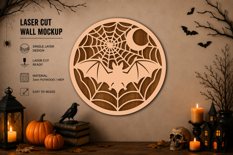 Halloween Bat Spider Web Laser Cut SVG example image 1
