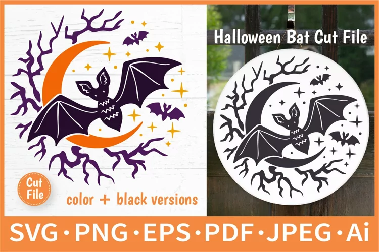 Halloween Bat with Moon SVG| Fall Round Sign Cut File