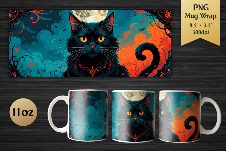 Black Cat 11oz Mug Wrap | Halloween Sublimation Design