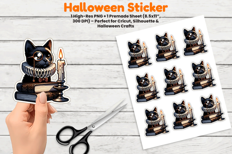 Halloween Black Cat Candle Book Sticker Sublimation Design