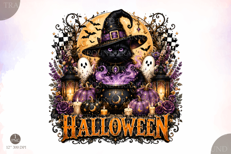 Halloween Black Cat PNG, Witch Cat Pumpkin Ghost Shirt Graph